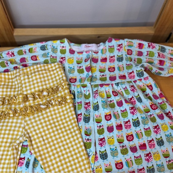 Zutano Owl Print Dress with Yellow ruffled Checkered leggings 6 months - Picture 1 of 5